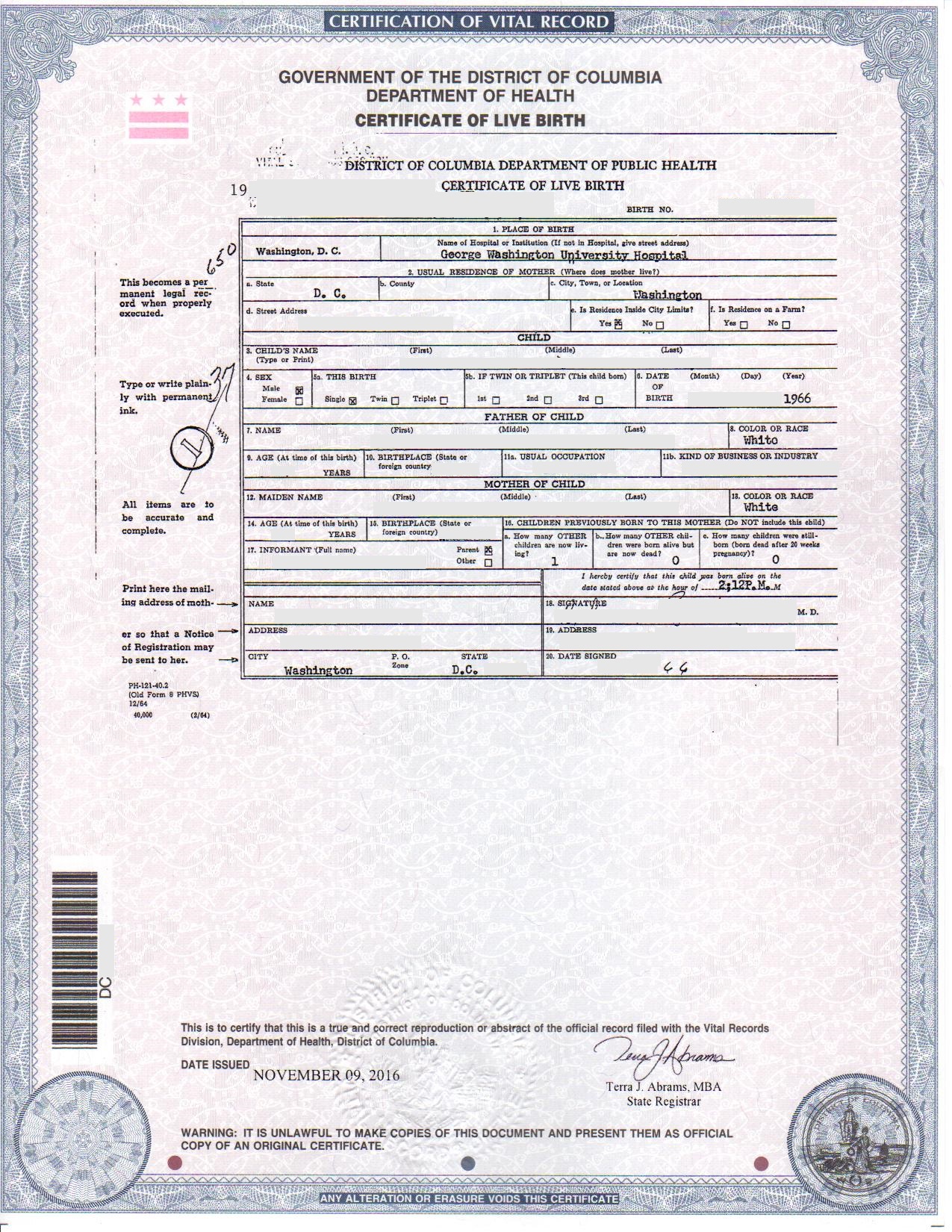 birth certificate dc 2016