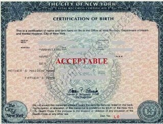 NYC birth certificate short form acceptable